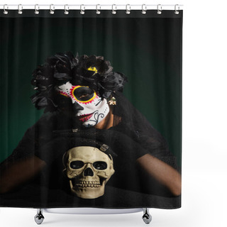 Personality  Woman In Mexican Halloween Costume Touching Skull On Dark Green Background  Shower Curtains