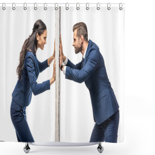 Personality  Angry Businessman And Businesswoman Pushing Wall Isolated On White Shower Curtains