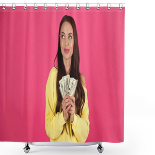 Personality  Thoughtful Young Adult Woman Holding Dollar Banknotes In Hands Isolated On Pink Shower Curtains