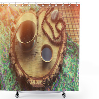 Personality  Chinese Tea Ceremony Mock-up. Wooden Background. Traditional Chi Shower Curtains