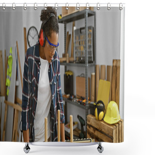 Personality  Young Woman Working Attentively In A Carpentry Workshop With Safety Gear. Shower Curtains