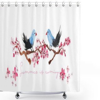 Personality  Hand Painting Abstract Watercolor Japanese Flowers Cherry Blossom Branches And Birds Repeating Pattern Isolated Background Shower Curtains
