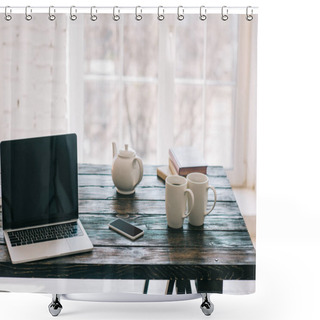 Personality  Laptop And Smartphone On Wooden Table With Cups And Teapot Shower Curtains