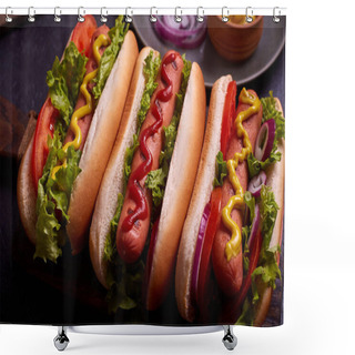Personality  Hot Dog With Pickles And Lettuce On Blue Concrete Background. Shower Curtains