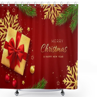 Personality  Christmas Banner. Realistic Gold Gift Box With Red Bow, Shining Snowflake, Gold Stars, Pine Branches, Confetti, Balls. Xmas Background, Horizontal Poster, Greeting Cards, Headers Website. Vector Shower Curtains