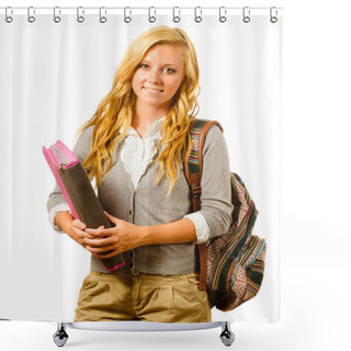 Personality  Portrait Of Happy Smiling Teenage Schoolgirl With Backpack And Binder Isolated On White Shower Curtains
