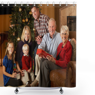 Personality  Multi Generation Family Opening Christmas Presents Shower Curtains