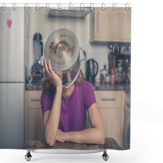 Personality  Concerned Woman With Pot On Her Head Shower Curtains