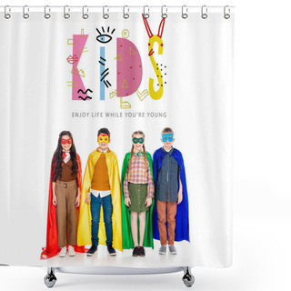 Personality  Happy Kids In Superhero Costumes And Masks Looking At Camera Near Kids Lettering On White Shower Curtains