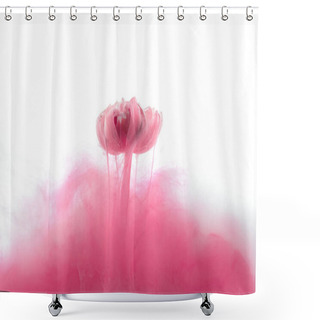 Personality  Close Up View Of Pink Flower And Ink Splash Isolated On White Shower Curtains