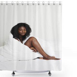 Personality  Young African Woman Sitting In Bed Wrapped In Duvet Looking At Camera Shower Curtains