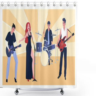 Personality  Musical Performance, Group Character Male, Female, Flat Vector Illustration. Woman Singer, Guitarist, Bassist, Drummer. Shower Curtains