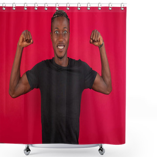 Personality  Waist Up Shot Of African American Man Wearing Black T-shirt Over Red Background Raises Arms To Show His Muscles Feels Confident In Victory, Looks Strong And Independent, Smiles Positively At Camera, Stands Against Red Background. Sport Concept. Shower Curtains