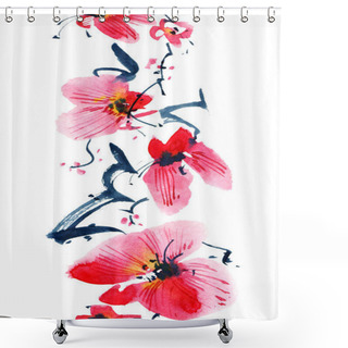 Personality  Watercolor And Ink Illustration Of Blossom Sakura Tree With Flowers And Buds. Oriental Traditional Painting In Style Sumi-e, U-sin And Gohua. Seamless Pattern. Shower Curtains