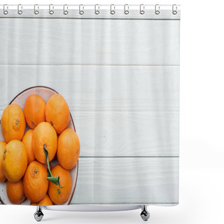 Personality  Top View Of Ripe Orange Tangerines In Plate On Wooden White Background Shower Curtains