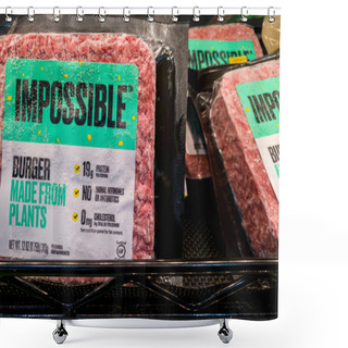 Personality  Rockville, MD, USA 12-21-2020: Packs Of Frozen Impossible Burgers On Supermarket Freezer Shelves. It Is An Innovative All Plant Based Meat Alternatives With Great Success Replicating Taste And Texture Shower Curtains