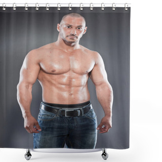 Personality  Shirtless Muscled Fitness Man. Cool Looking. Tough Guy. Brown Eyes. Bald. Tanned Skin. Studio Shot Isolated On Grey Background. Shower Curtains