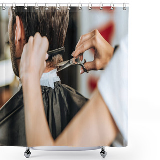 Personality  Close-up Partial View Of Hairdresser Combing And Cutting Hair To Young Man Shower Curtains
