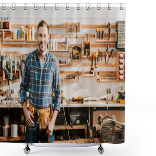 Personality  Cheerful Carpenter In Apron Standing And Touching Tool Belt In Workshop  Shower Curtains
