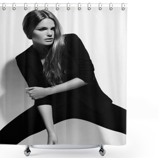 Personality  High Fashion Look.glamor Portrait Of Beautiful Sexy Stylish Caucasian Young Woman Model In Black Cloth Shower Curtains