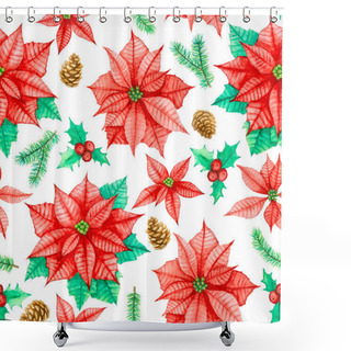 Personality  Seamless Pattern For Christmas Of Red Poinesettia Star Flower, Holly Fruit, Pine Cones And Leaves, Illustration Watercolor Hand Drawing On White Background, Isolated With Clipping Path Shower Curtains