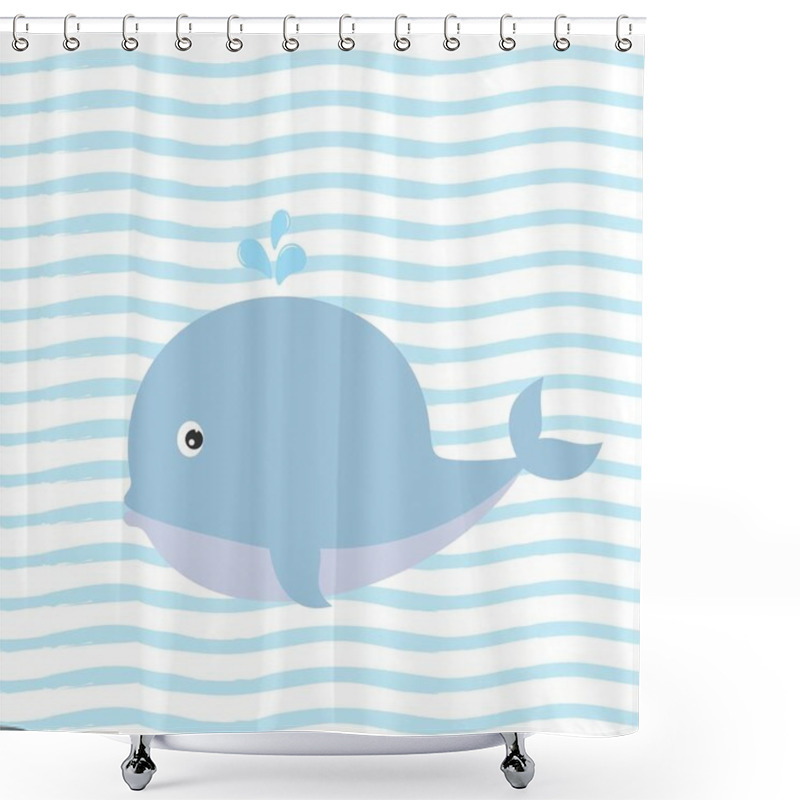 Personality  Greeting Card With Charming Whale On Background With Blue Stripes. Shower Curtains