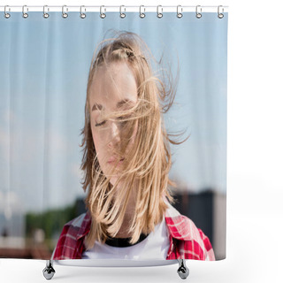 Personality  Beautiful Teen Girl With Hair Waving On Wind In Front Of Blue Sky Shower Curtains