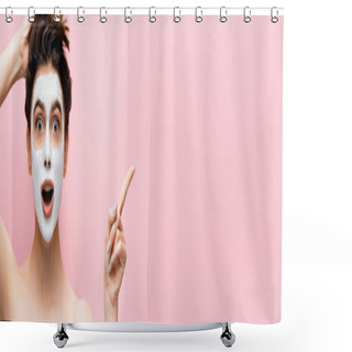 Personality  Shocked Beautiful Woman With Clay Mask On Face Pointing Aside Isolated On Pink Shower Curtains