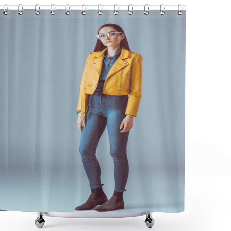 Personality  Stylish Woman In Leather Jacket And Eyeglasses Shower Curtains