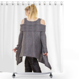 Personality  Woman In Ponytail Wearing Gray Long Top Sweater Tunic, Black Tights. Stylish, Autumnal Outfit. Shower Curtains