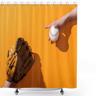 Personality  Cropped View Of Man In Brown Baseball Glove Near Woman Holding Softball On Yellow  Shower Curtains