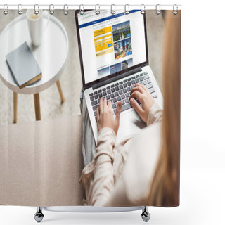 Personality  Cropped Shot Of Woman At Home Sitting On Couch And Using Laptop With Booking Website On Screen Shower Curtains