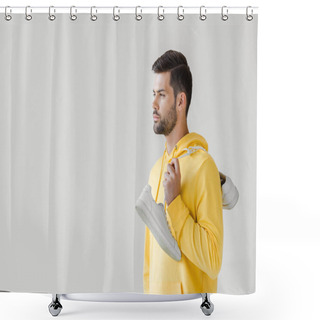 Personality  Handsome Young Man In Yellow Hoodie With White Sneakers Hanging On Shoulder Isolated On White Shower Curtains