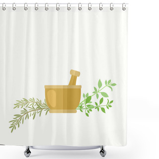 Personality  Composition With Rosemary And Basil. Aromatic Herbs And Mortar And Pestle For Cooking Or Herbal Medicine Theme. Copy Space. Vector File Is EPS8. Shower Curtains