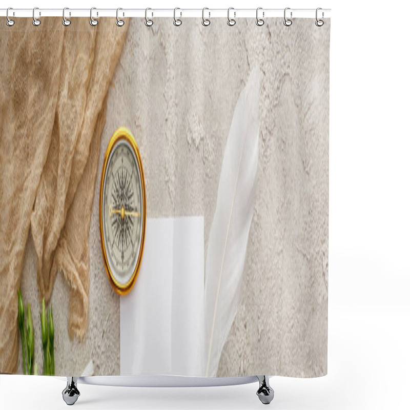 Personality  panoramic shot of quill pen on piece of paper near beige sackcloth and golden compass on grey textured surface shower curtains