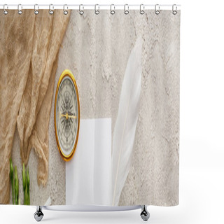 Personality  Panoramic Shot Of Quill Pen On Piece Of Paper Near Beige Sackcloth And Golden Compass On Grey Textured Surface Shower Curtains