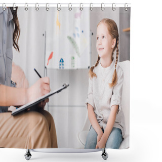 Personality  Cropped Shot Of Psychologist With Clipboard Sitting In Front Of Child In Office Shower Curtains