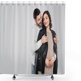 Personality  Smiling Man Wearing Jacket On Young Pregnant Wife Isolated On Grey  Shower Curtains