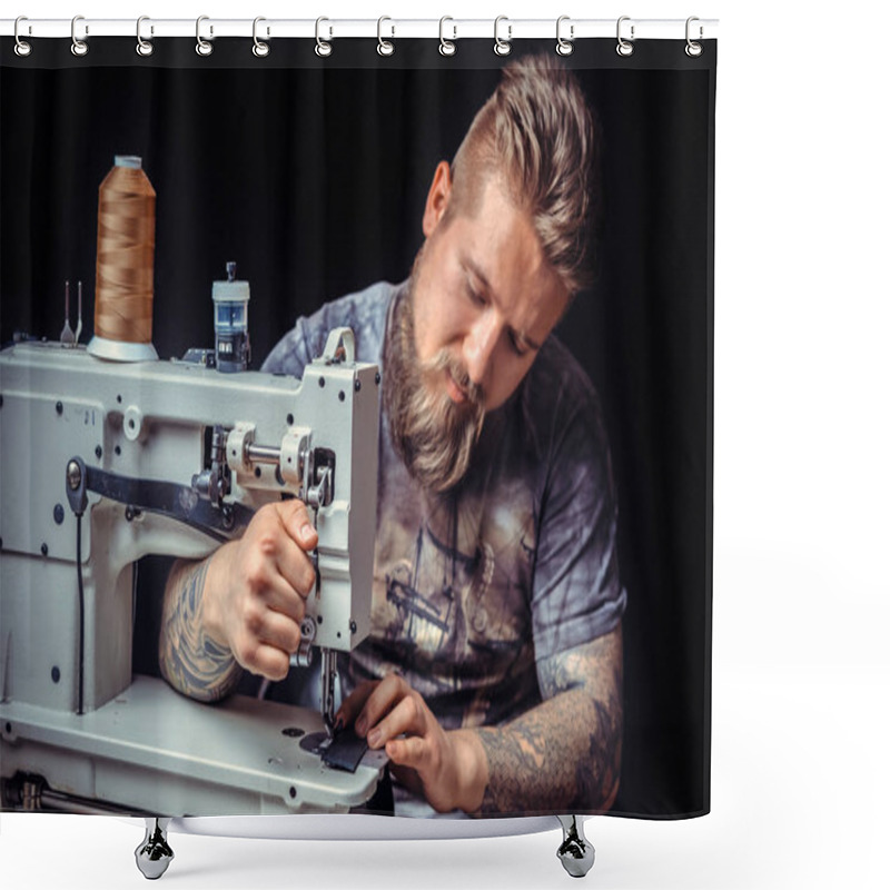 Personality  Artisan Working With Leather Producing A Leatherwork  Shower Curtains