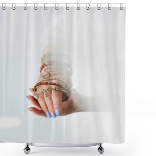Personality  Cropped View Of Young Indian Bride With Mehndi Wearing Bracelets On White  Shower Curtains