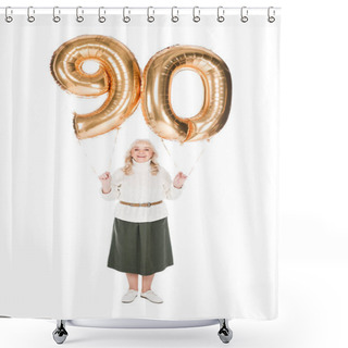 Personality  Cheerful Senior Woman Holding 90 Golden Balloons Isolated On White Shower Curtains