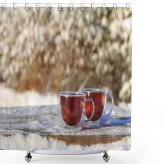 Personality  A Two Glass Mugs Of Tea Stand On Wooden Table On The Background Of Winter Landscape.   Shower Curtains
