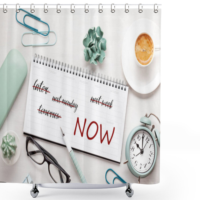 Personality  Time Management Concept With Notes In Weekly Organizer Over The Desk With Coffee And Alarm Clock. Solution Against Procrastination Shower Curtains