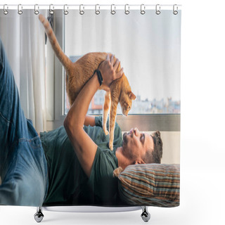 Personality  Young Man Lying Under The Window Takes A Tabby Cat In His Arms And Brings It To His Face To Kiss Him Shower Curtains
