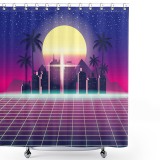 Personality  Synthwave Retro Futuristic Landscape With City Palms, Sun, Stars And Styled Laser Grid. Neon Retrowave Design And Elements Sci-fi 80s 90s Space. Vector Illustration Template Isolated Background Shower Curtains