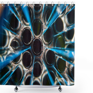 Personality  Abstract Vortex Of Glass Bottles In Blue - A Kaleidoscopic View From Above Shower Curtains