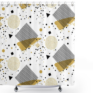 Personality  Geometric Seamless Pattern With Circles, Triangles, Squares, Rhombuses, Smears And Lines Of Black And Gold Color.  Shower Curtains