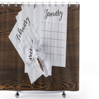 Personality  Top View Of Teared Paper Calendar On Wooden Tabletop Shower Curtains