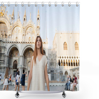Personality  ITALY, VENICE - MAY 12, 2022: Amazed Woman Standing On Piazza San Marco In Venice Shower Curtains