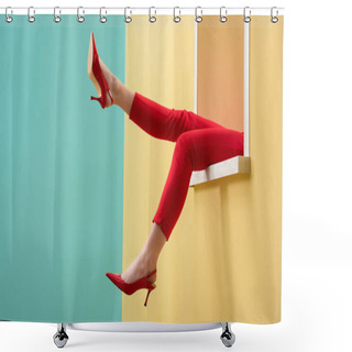 Personality  Partial View Of Woman In Red Pants And Shoes Outstretching Legs Out Decorative Window Shower Curtains